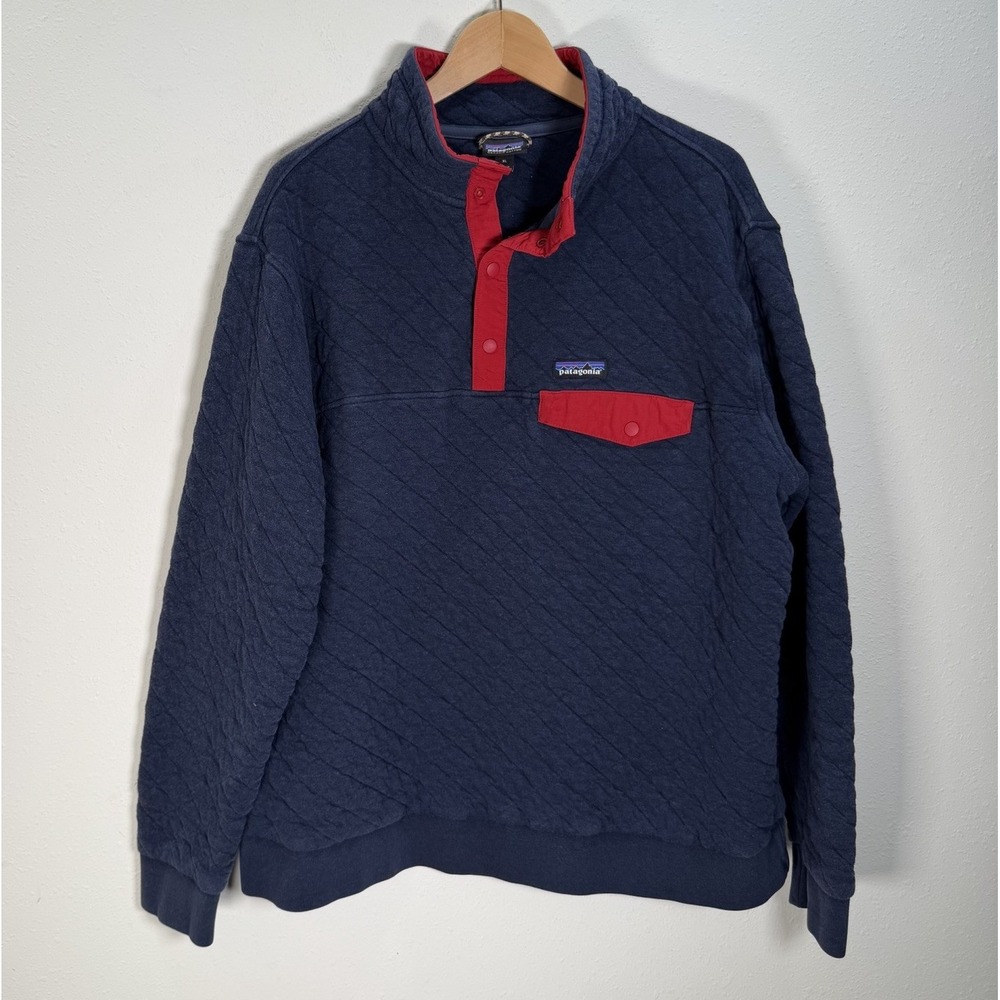 PATAGONIA Mens Organic Cotton Quilt Snap-T Pullover Navy Blue Red Sz XL Outdoors